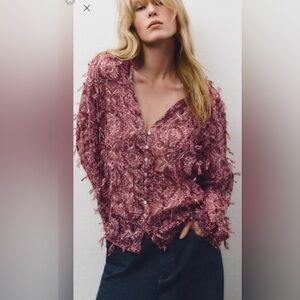 Zara Burgundy Patterned Blouse NWT Fringed Paisley Button-Up Blouse